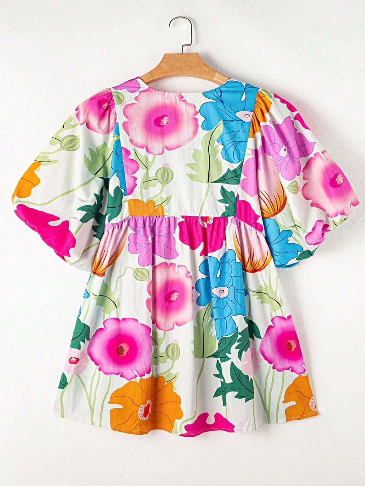 Boho Retro Vacation Cotton Ivory White Pink Green Floral Panel Tied Neck  Puff Lantern Sleeve Cool Summer Dress