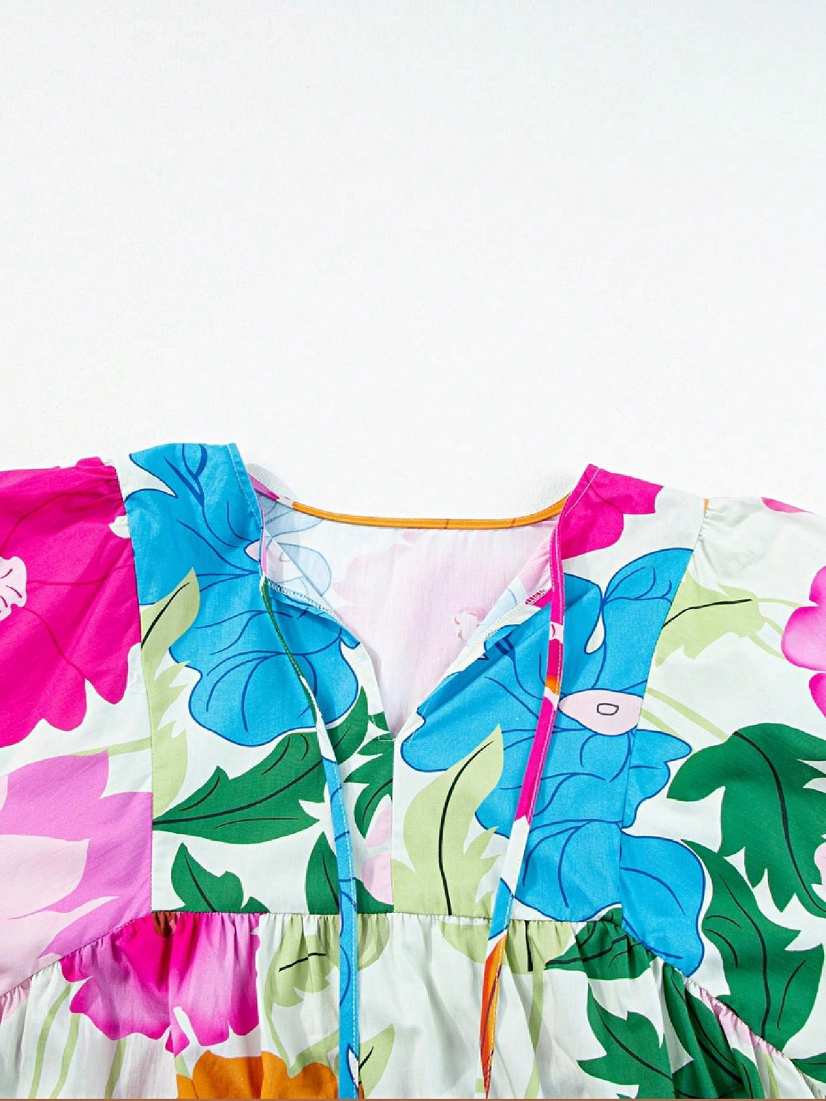 Boho Retro Vacation Cotton Ivory White Pink Green Floral Panel Tied Neck  Puff Lantern Sleeve Cool Summer Dress