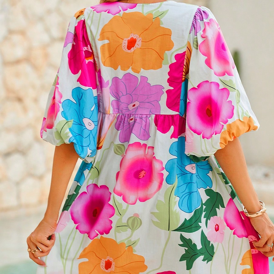 Boho Retro Vacation Cotton Ivory White Pink Green Floral Panel Tied Neck  Puff Lantern Sleeve Cool Summer Dress
