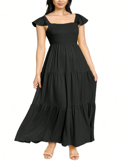 Boho Retro Tiered Long Dress Black Olive Yellow Mint Navy Ruffle Flutter Sleeve