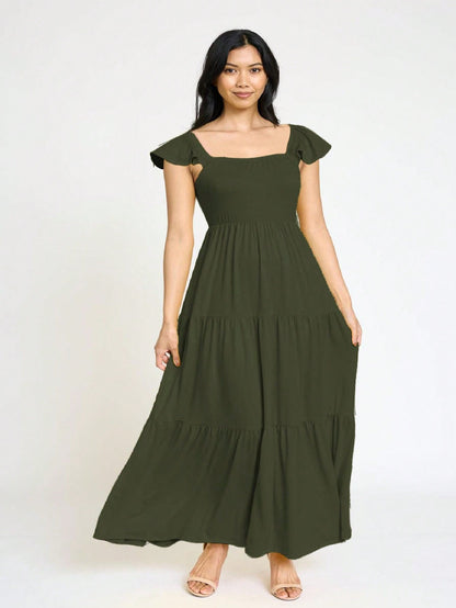 Boho Retro Tiered Long Dress Black Olive Yellow Mint Navy Ruffle Flutter Sleeve