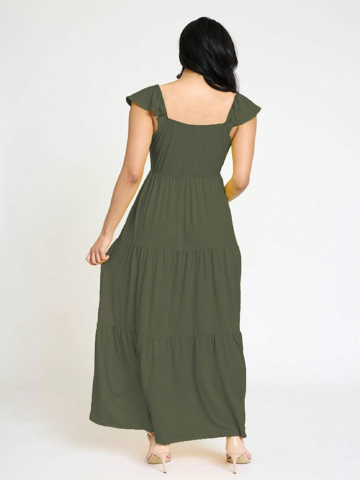 Boho Retro Tiered Long Dress Black Olive Yellow Mint Navy Ruffle Flutter Sleeve
