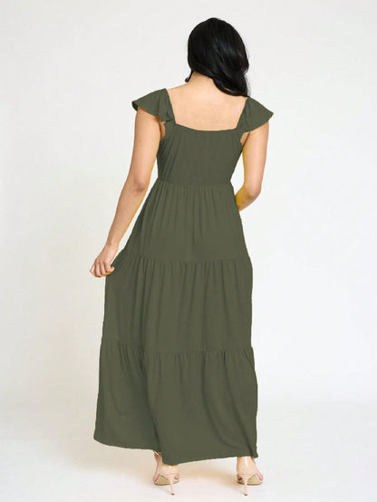 Boho Retro Tiered Long Dress Black Olive Yellow Mint Navy Ruffle Flutter Sleeve