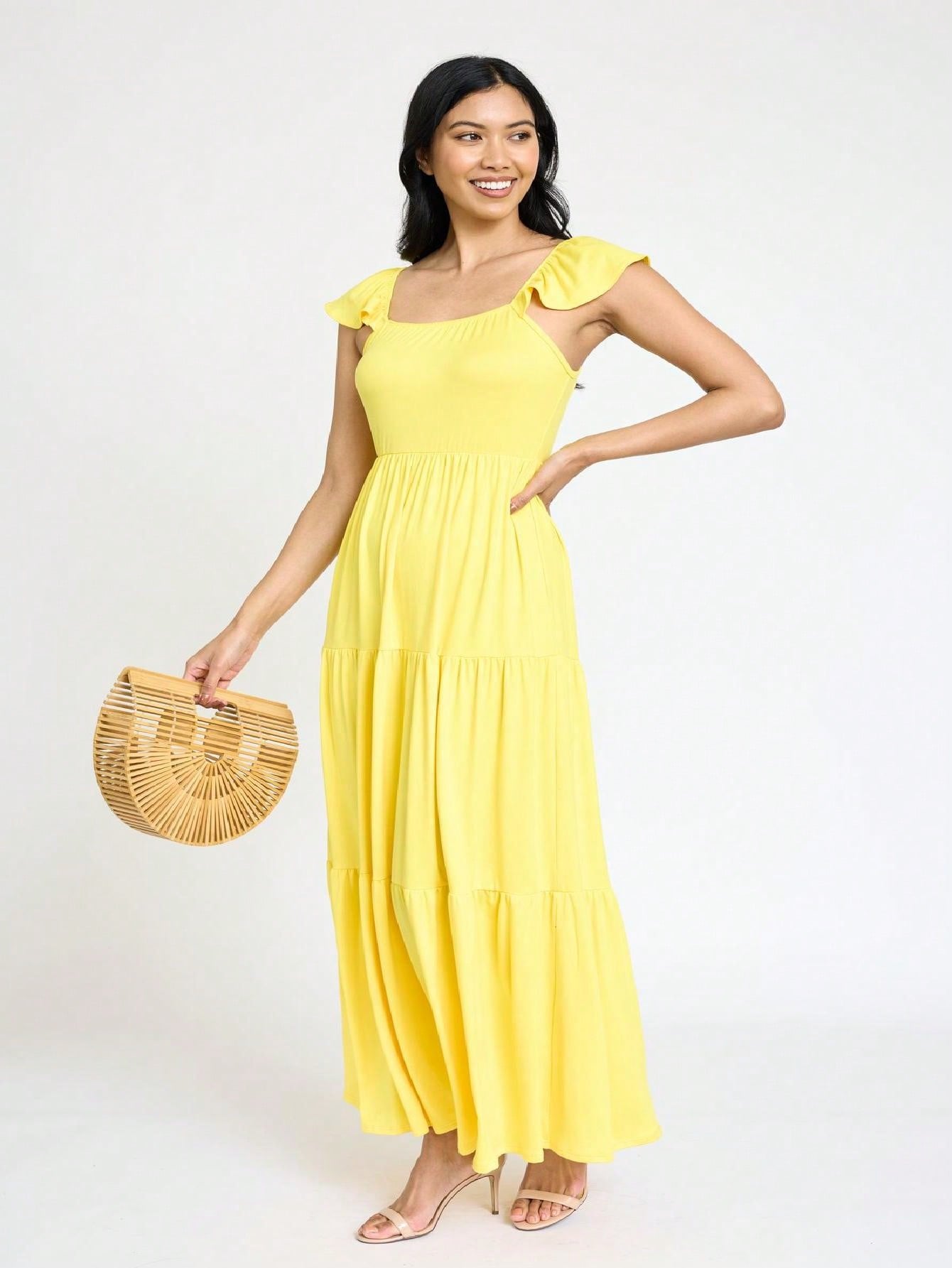 Boho Retro Tiered Long Dress Black Olive Yellow Mint Navy Ruffle Flutter Sleeve