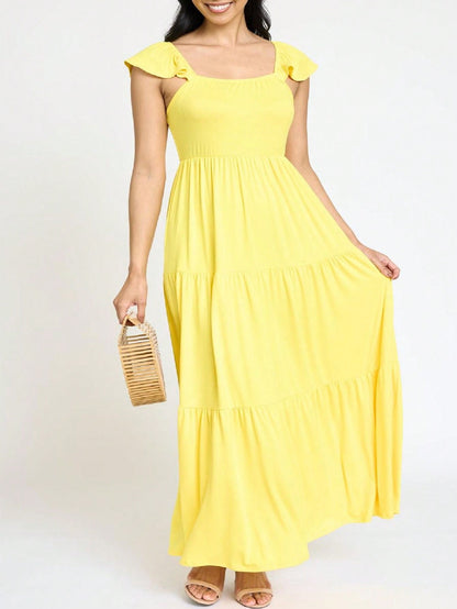 Boho Retro Tiered Long Dress Black Olive Yellow Mint Navy Ruffle Flutter Sleeve