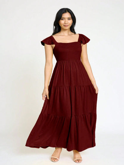 Boho Retro Tiered Long Dress Black Olive Yellow Mint Navy Ruffle Flutter Sleeve