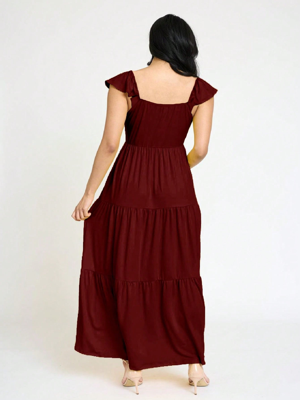 Boho Retro Tiered Long Dress Black Olive Yellow Mint Navy Ruffle Flutter Sleeve