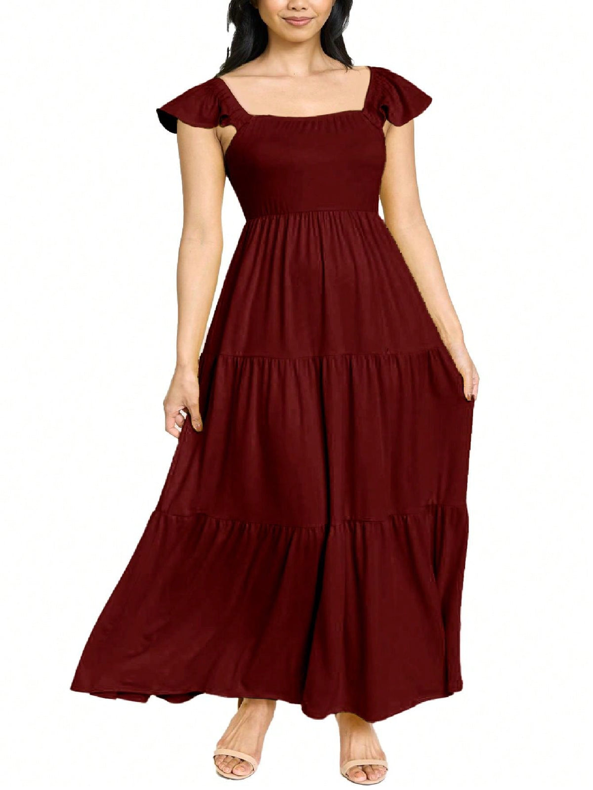 Boho Retro Tiered Long Dress Black Olive Yellow Mint Navy Ruffle Flutter Sleeve