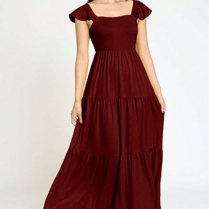 Boho Retro Tiered Long Dress Black Olive Yellow Mint Navy Ruffle Flutter Sleeve