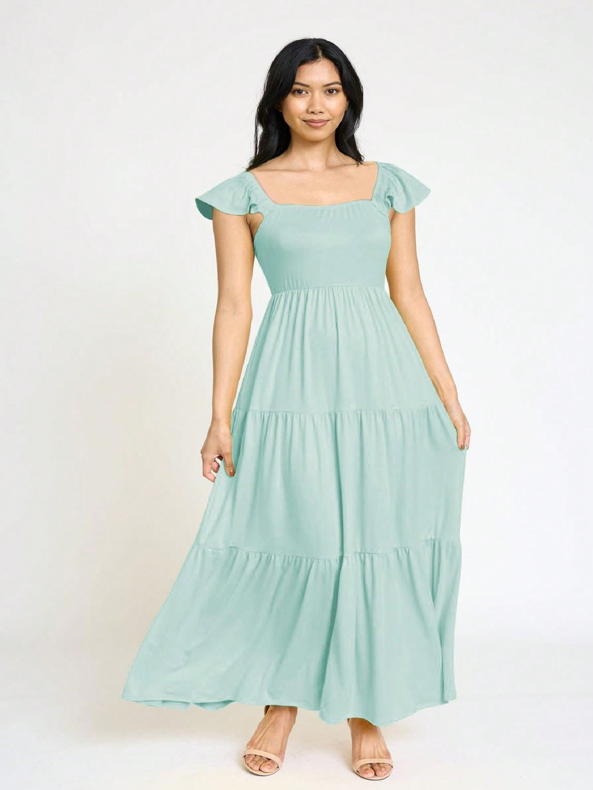 Boho Retro Tiered Long Dress Black Olive Yellow Mint Navy Ruffle Flutter Sleeve