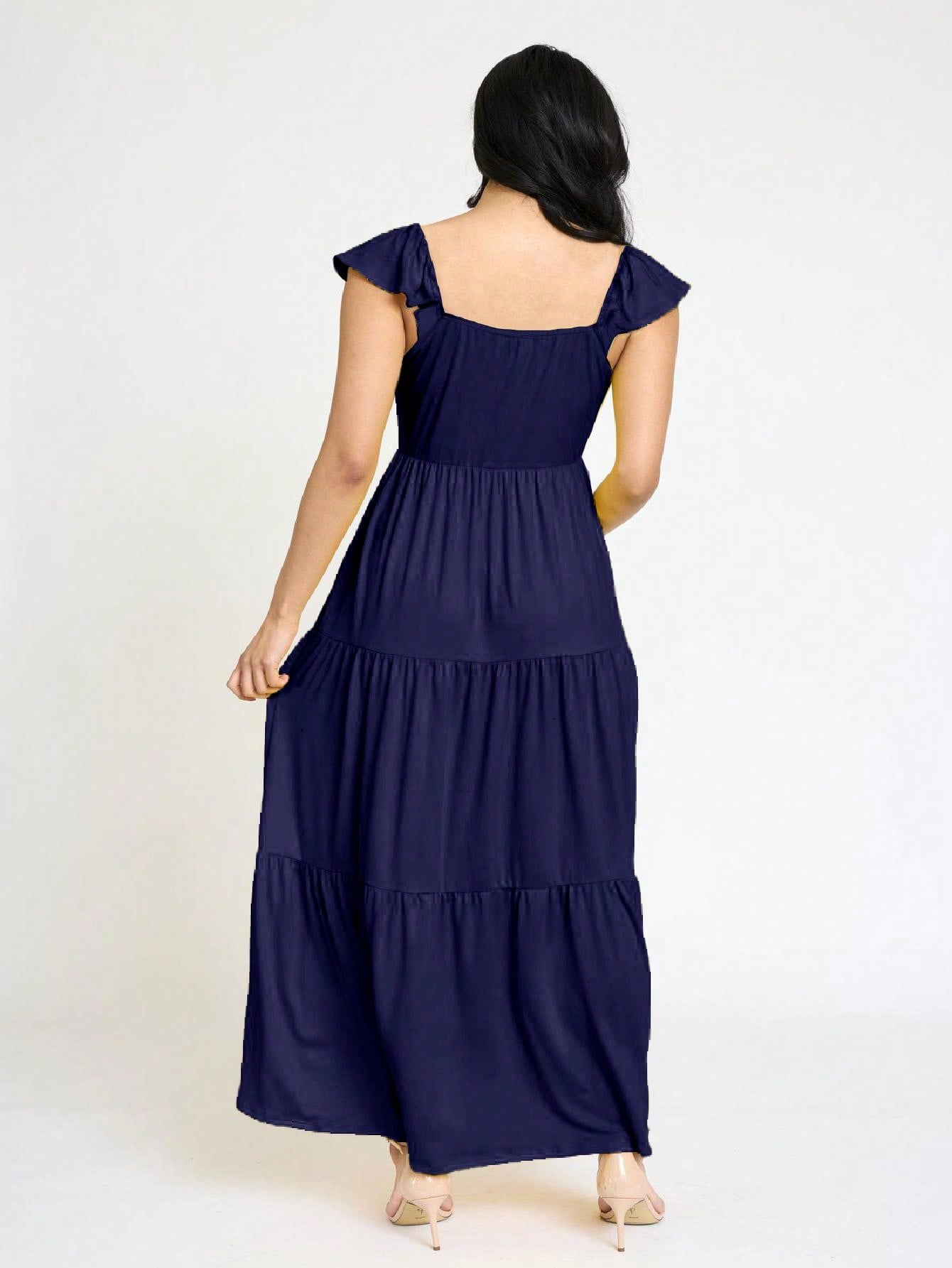 Boho Retro Tiered Long Dress Black Olive Yellow Mint Navy Ruffle Flutter Sleeve