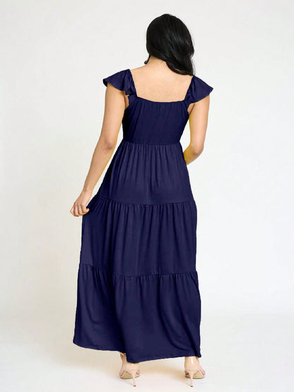 Boho Retro Tiered Long Dress Black Olive Yellow Mint Navy Ruffle Flutter Sleeve