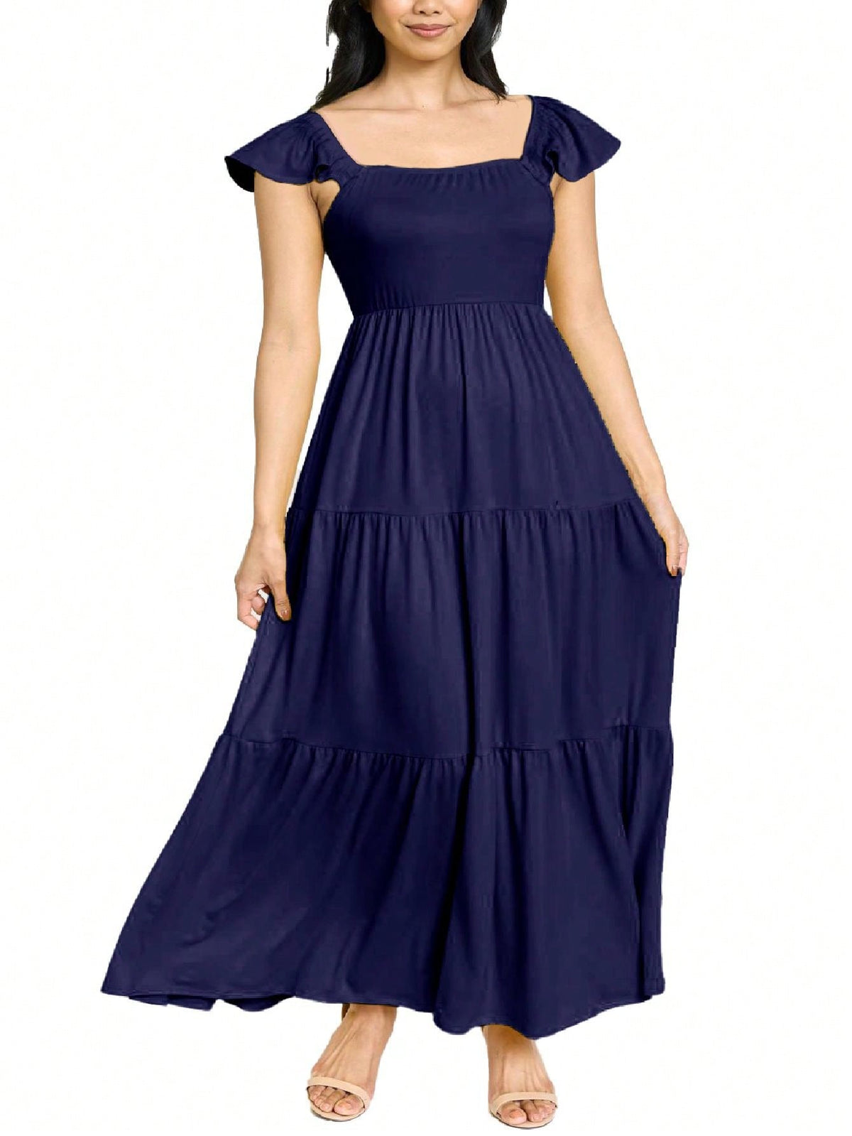 Boho Retro Tiered Long Dress Black Olive Yellow Mint Navy Ruffle Flutter Sleeve