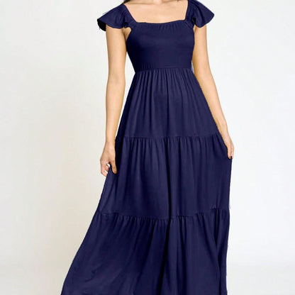 Boho Retro Tiered Long Dress Black Olive Yellow Mint Navy Ruffle Flutter Sleeve