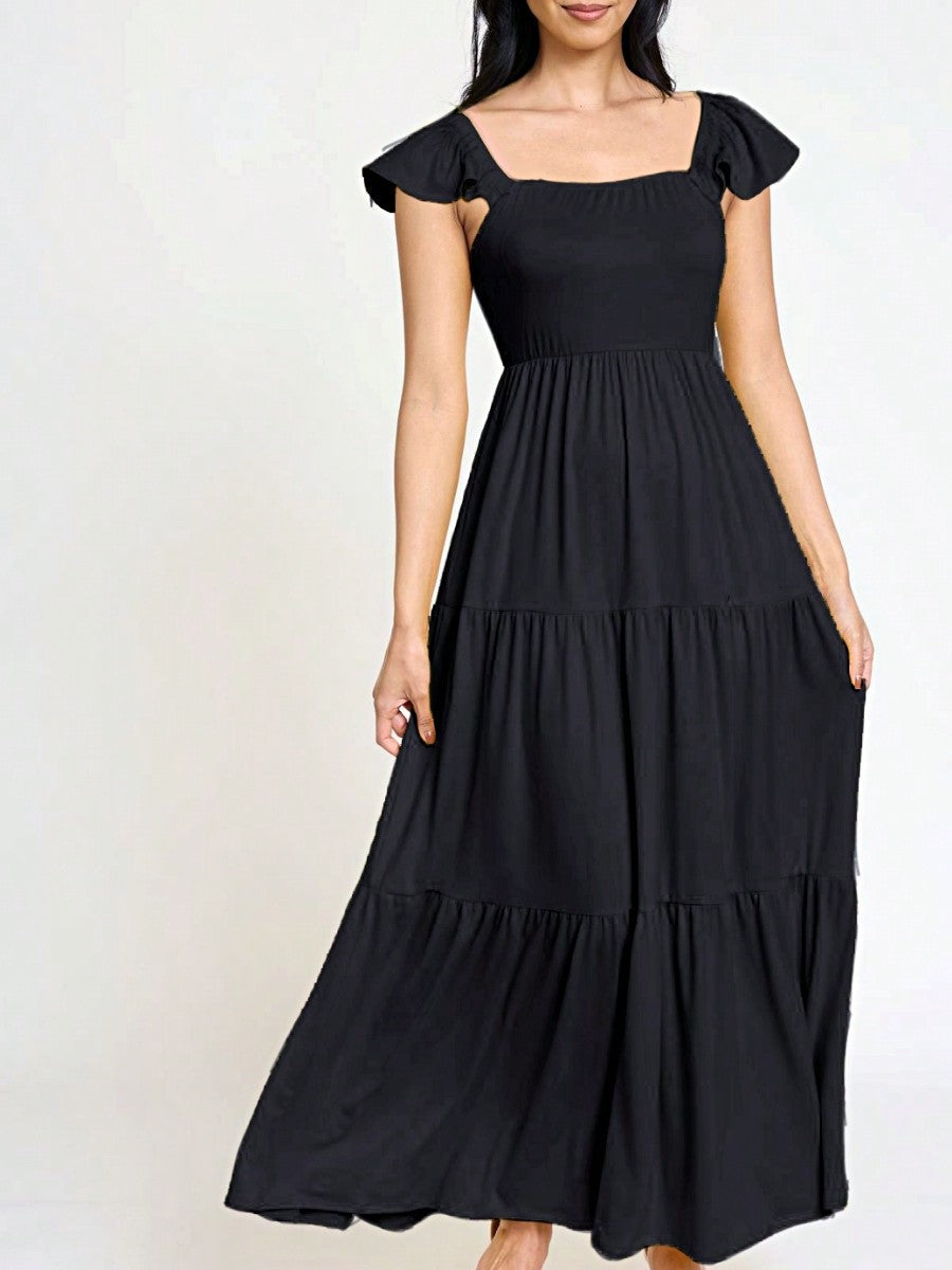 Boho Retro Tiered Long Dress Black Olive Yellow Mint Navy Ruffle Flutter Sleeve