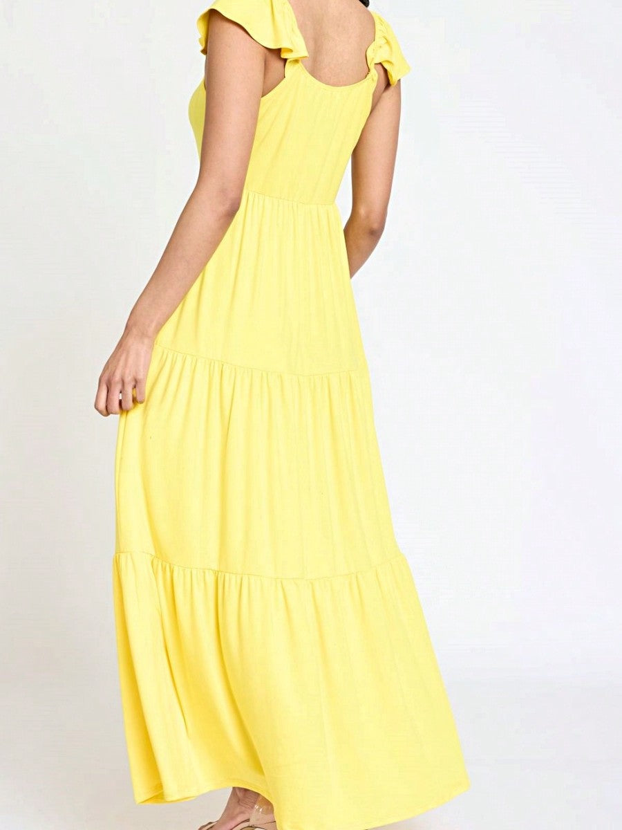Boho Retro Tiered Long Dress Black Olive Yellow Mint Navy Ruffle Flutter Sleeve