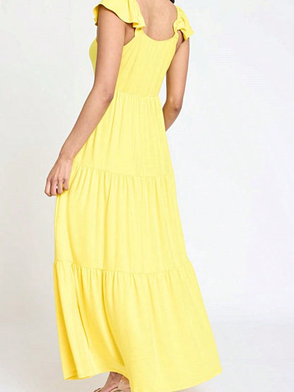 Boho Retro Tiered Long Dress Black Olive Yellow Mint Navy Ruffle Flutter Sleeve