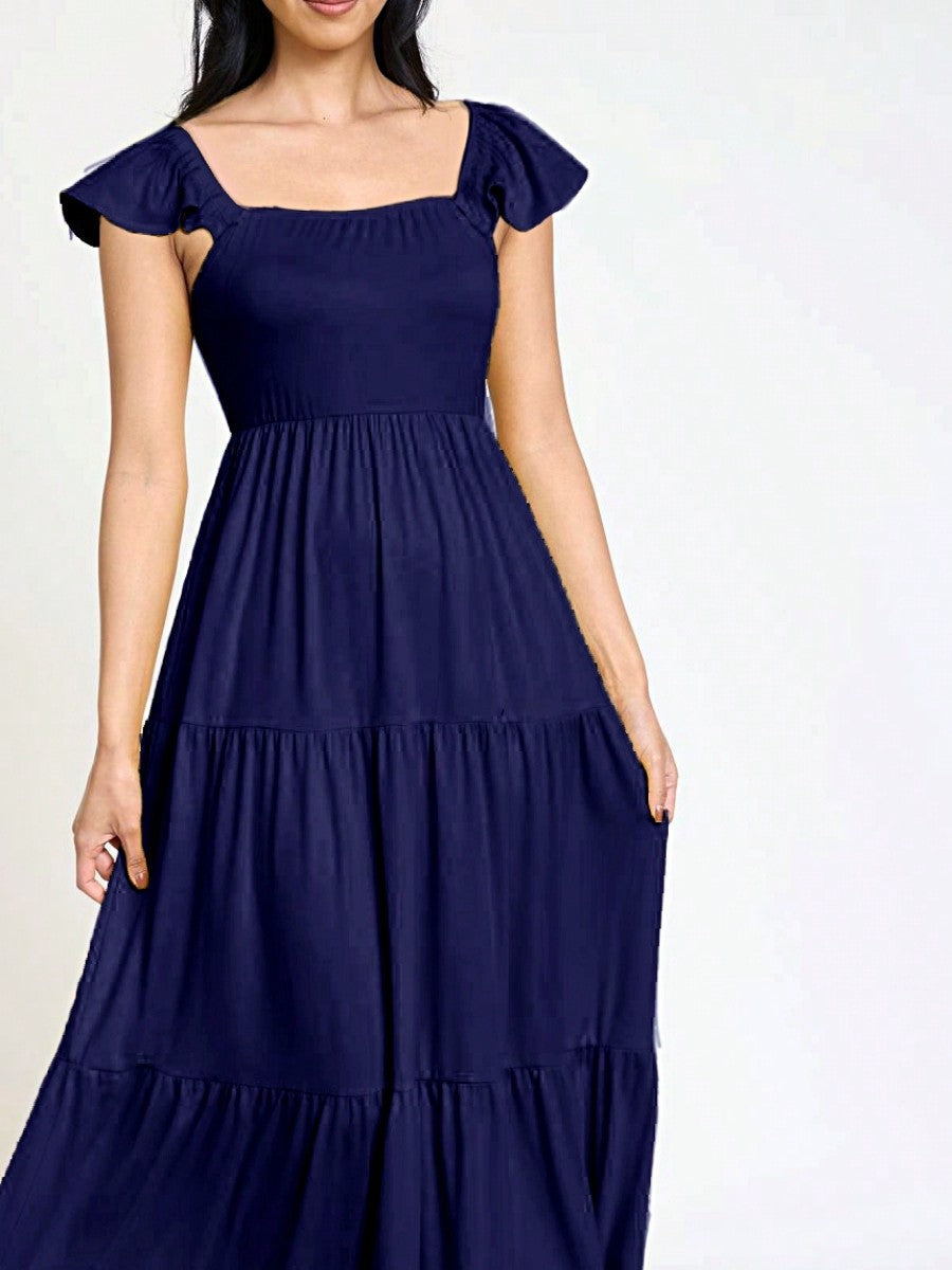 Boho Retro Tiered Long Dress Black Olive Yellow Mint Navy Ruffle Flutter Sleeve