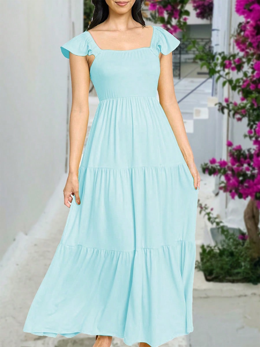 Boho Retro Tiered Long Dress Black Olive Yellow Mint Navy Ruffle Flutter Sleeve