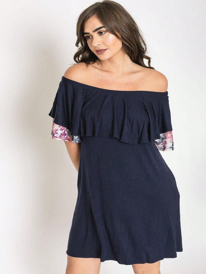 Boho Retro Off Shoulder Rayon  Mini Dress Ruffle Flounce Sleeve Lace Detail With Pockets