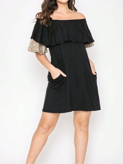 Boho Retro Off Shoulder Rayon  Mini Dress Ruffle Flounce Sleeve Lace Detail With Pockets
