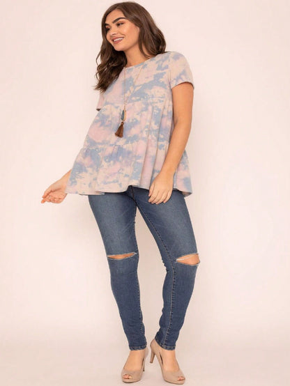 Brushed Boho Retro Vintage 60's Tiered Tie Dye Light Pink Blue Short Sleeve Tunic Shirt Top