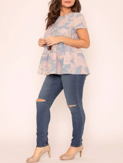 Brushed Boho Retro Vintage 60's Tiered Tie Dye Light Pink Blue Short Sleeve Tunic Shirt Top
