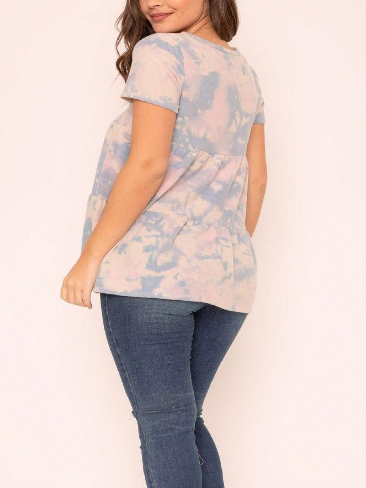 Brushed Boho Retro Vintage 60's Tiered Tie Dye Light Pink Blue Short Sleeve Tunic Shirt Top