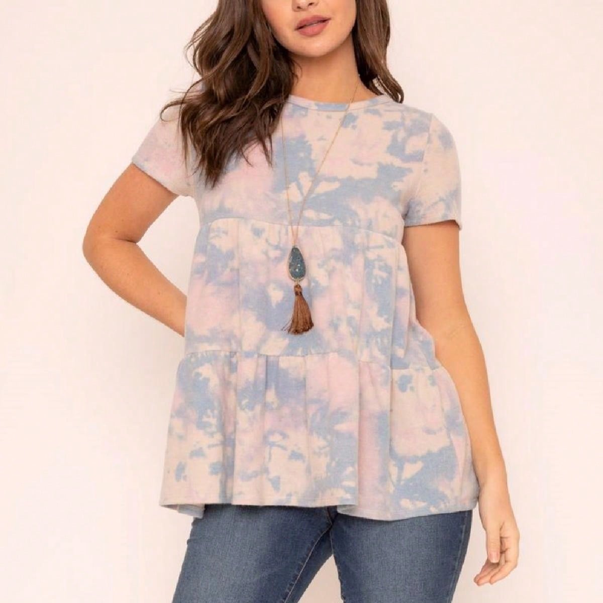 Brushed Boho Retro Vintage 60's Tiered Tie Dye Light Pink Blue Short Sleeve Tunic Shirt Top
