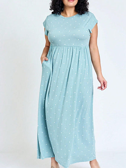 Boho Retro Polka Dot Rayon Mix Casual  Maxi Dress With Folded Cap Sleeve Side Pockets Versatile Summer Dress For Women