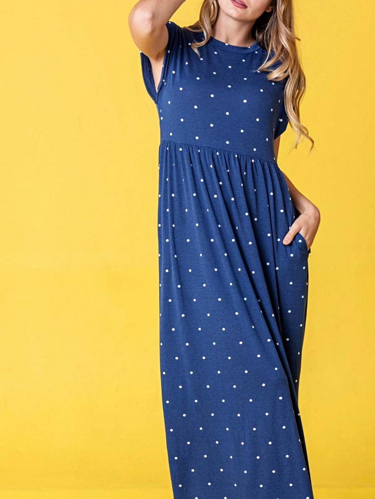 Boho Retro Polka Dot Rayon Mix Casual  Maxi Dress With Folded Cap Sleeve Side Pockets Versatile Summer Dress For Women