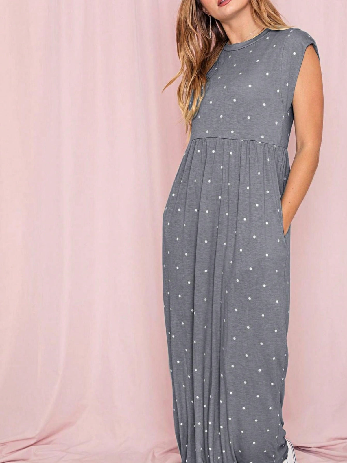 Boho Retro Polka Dot Rayon Mix Casual  Maxi Dress With Folded Cap Sleeve Side Pockets Versatile Summer Dress For Women