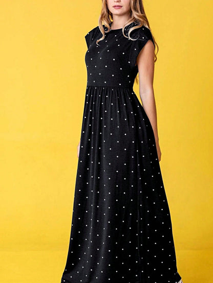 Boho Retro Polka Dot Rayon Mix Casual  Maxi Dress With Folded Cap Sleeve Side Pockets Versatile Summer Dress For Women