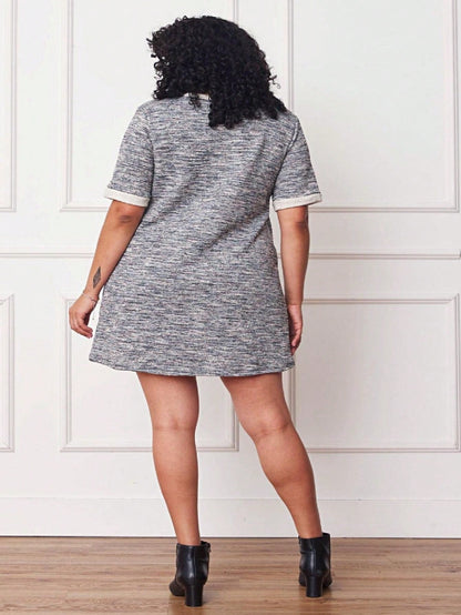 Boho Retro Preppy Tweed  Classic Cotton Mix Ivory  Pink And Blue Threads Short Sleeve Shift Pocket  Dress Small To 3XL Plus