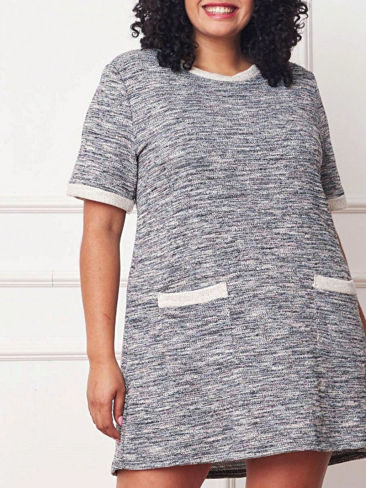 Boho Retro Preppy Tweed  Classic Cotton Mix Ivory  Pink And Blue Threads Short Sleeve Shift Pocket  Dress Small To 3XL Plus