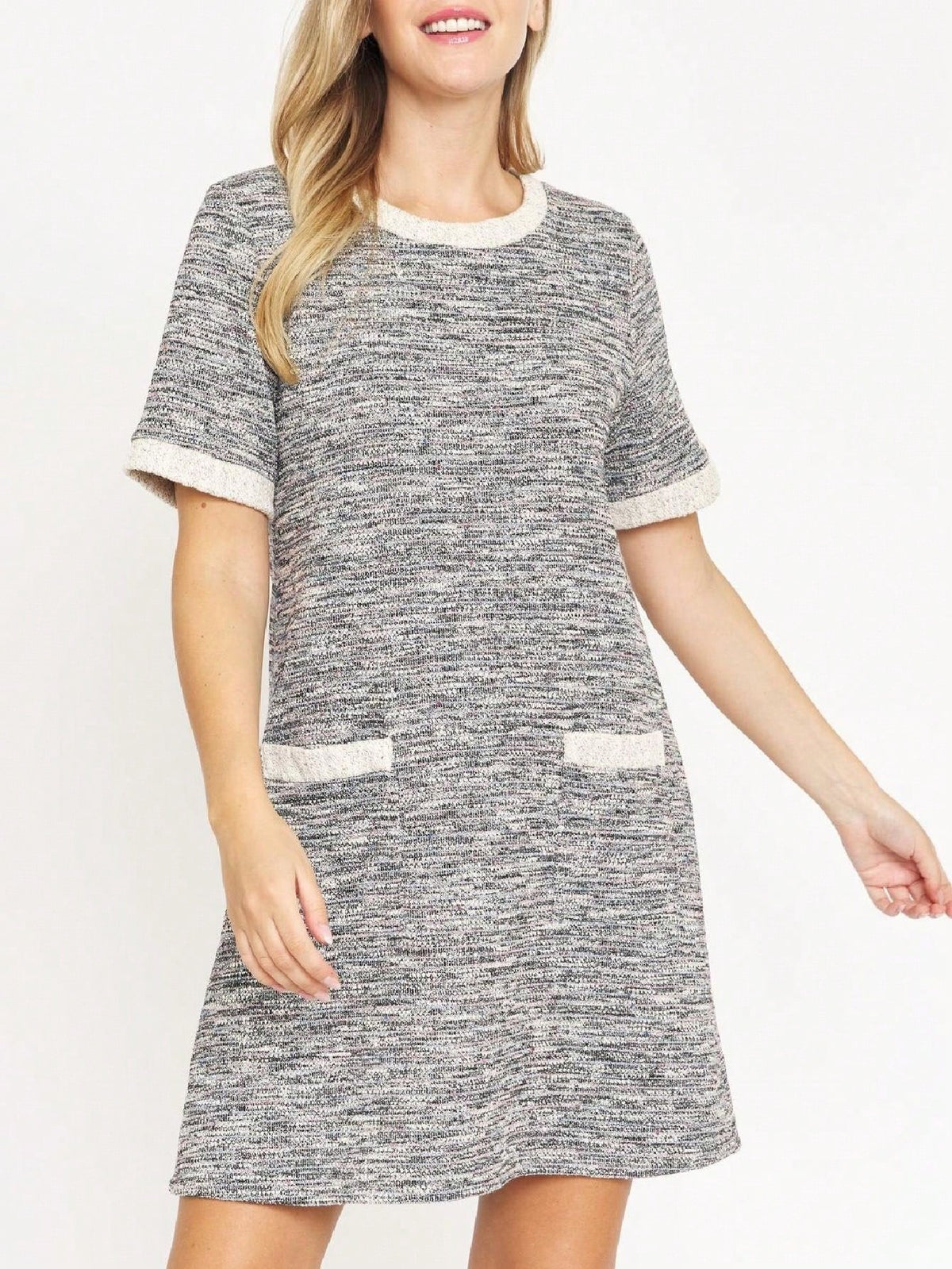 Boho Retro Preppy Tweed  Classic Cotton Mix Ivory  Pink And Blue Threads Short Sleeve Shift Pocket  Dress Small To 3XL Plus