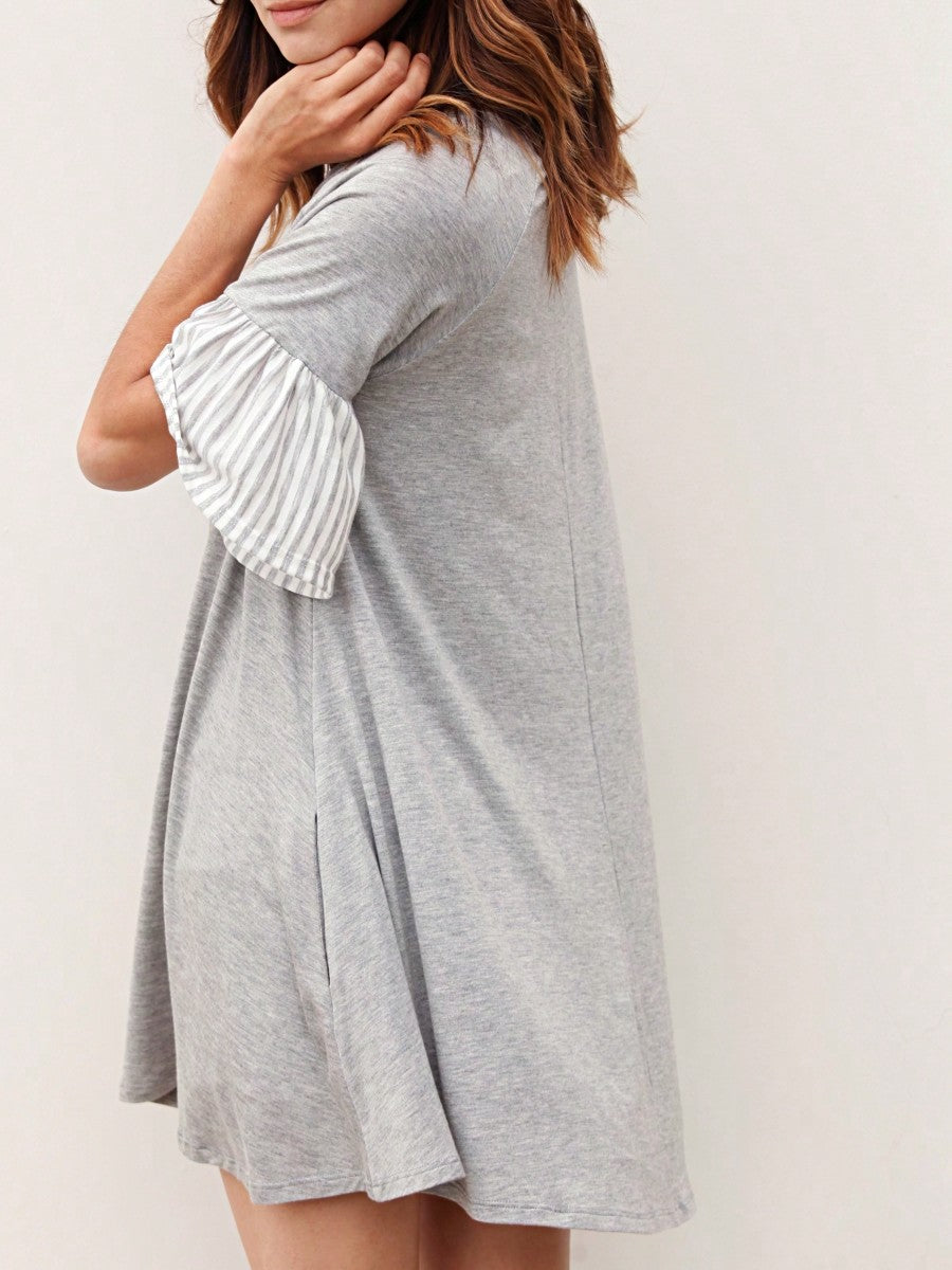 Boho Retro  Solid Stripe Ruffle Layered Sleeve Rayon  Tunic Mini Dress Flounce Sleeve