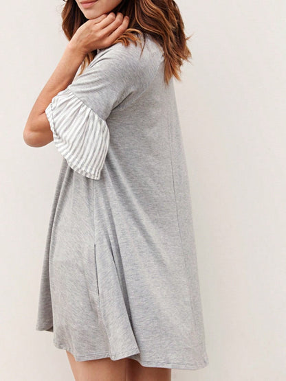 Boho Retro  Solid Stripe Ruffle Layered Sleeve Rayon  Tunic Mini Dress Flounce Sleeve