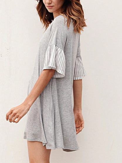 Boho Retro  Solid Stripe Ruffle Layered Sleeve Rayon  Tunic Mini Dress Flounce Sleeve