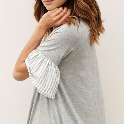 Boho Retro  Solid Stripe Ruffle Layered Sleeve Rayon  Tunic Mini Dress Flounce Sleeve