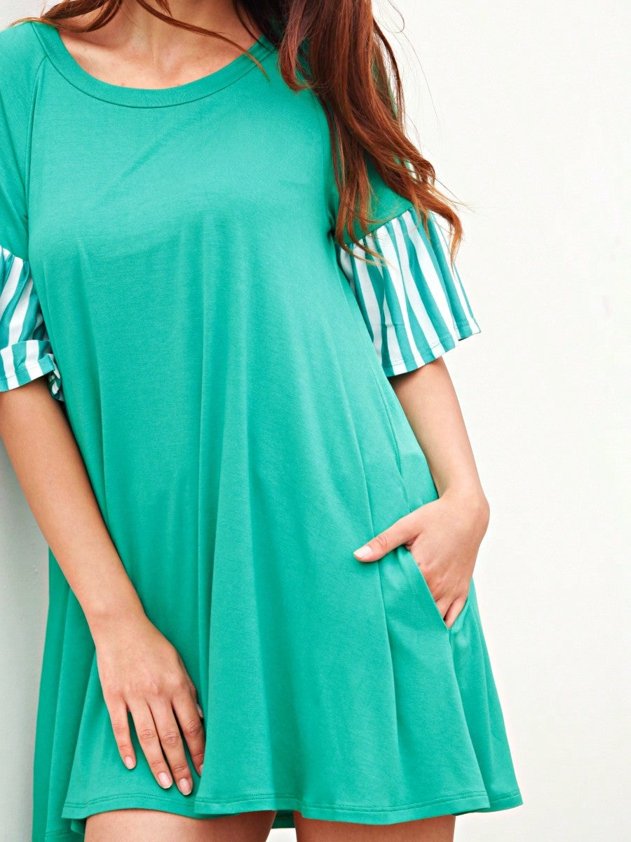 Boho Retro  Solid Stripe Ruffle Layered Sleeve Rayon  Tunic Mini Dress Flounce Sleeve