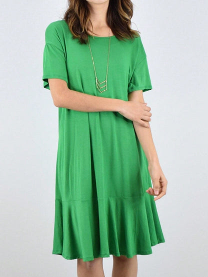 Boho Retro Kelly Green Ruffle Tiered Bottom  Short Sleeve Solid Color Rayon Smooth Cool Classic Dress