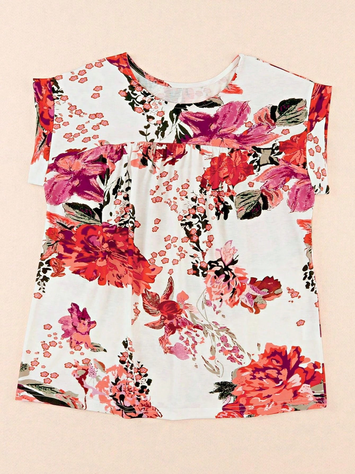 Boho Retro Vintage 60's Vibe Rose Red Floral Pleated Blue Stripe Dolman Bat Wing Ivory Whited Top Shirt Blouse