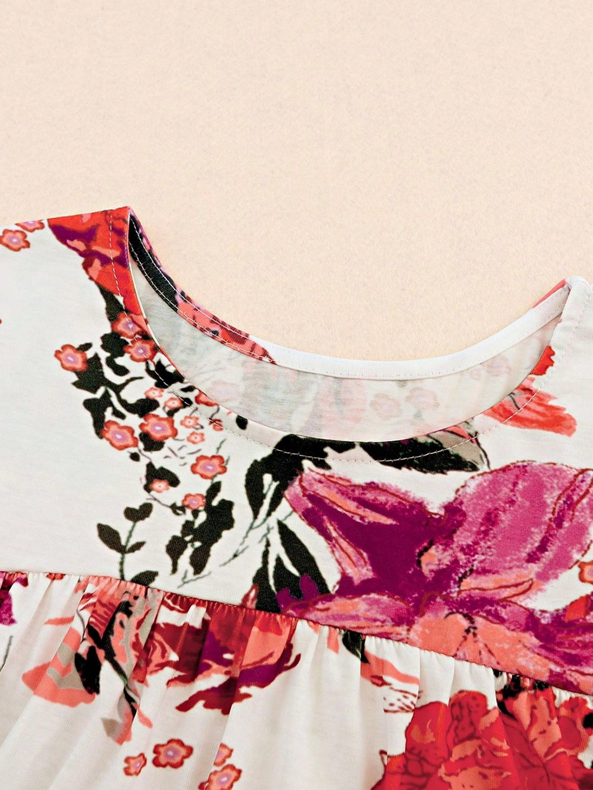 Boho Retro Vintage 60's Vibe Rose Red Floral Pleated Blue Stripe Dolman Bat Wing Ivory Whited Top Shirt Blouse