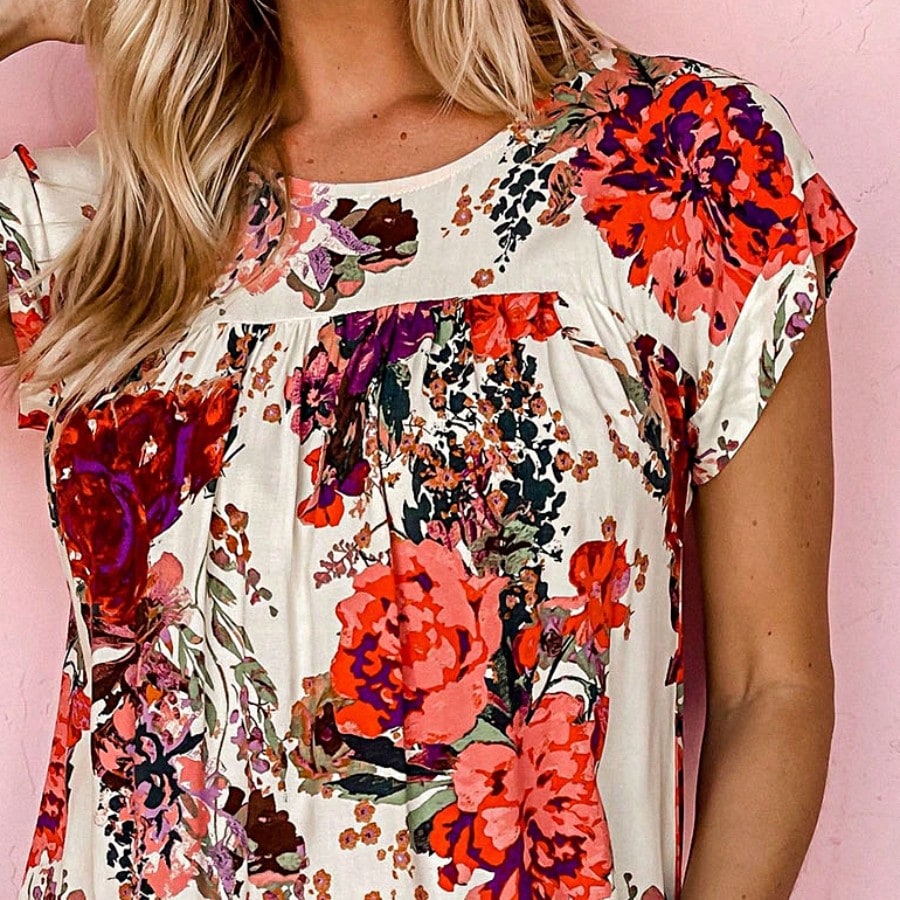 Boho Retro Vintage 60's Vibe Rose Red Floral Pleated Blue Stripe Dolman Bat Wing Ivory Whited Top Shirt Blouse