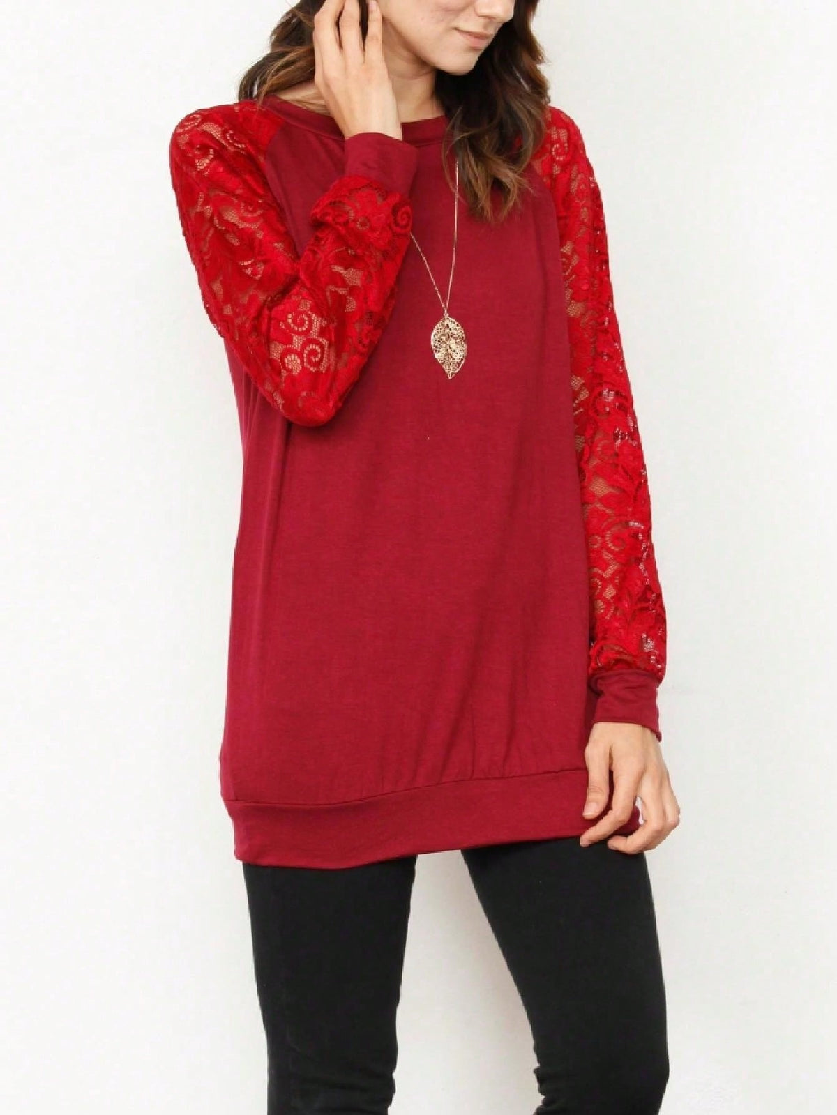 Gold Red Lace Hollow Eyelet Rayon Soft Long  Sleeve Raglan Tunic Top Band Hem Shirt