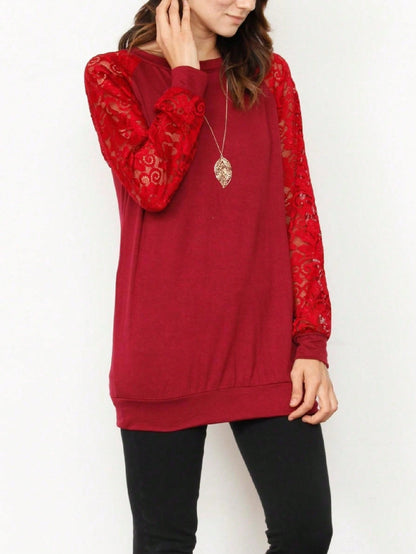 Gold Red Lace Hollow Eyelet Rayon Soft Long  Sleeve Raglan Tunic Top Band Hem Shirt