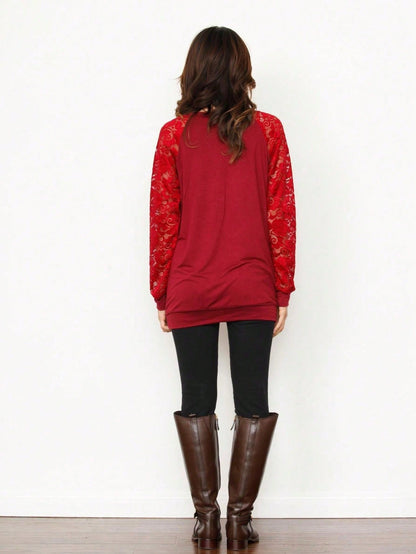 Gold Red Lace Hollow Eyelet Rayon Soft Long  Sleeve Raglan Tunic Top Band Hem Shirt