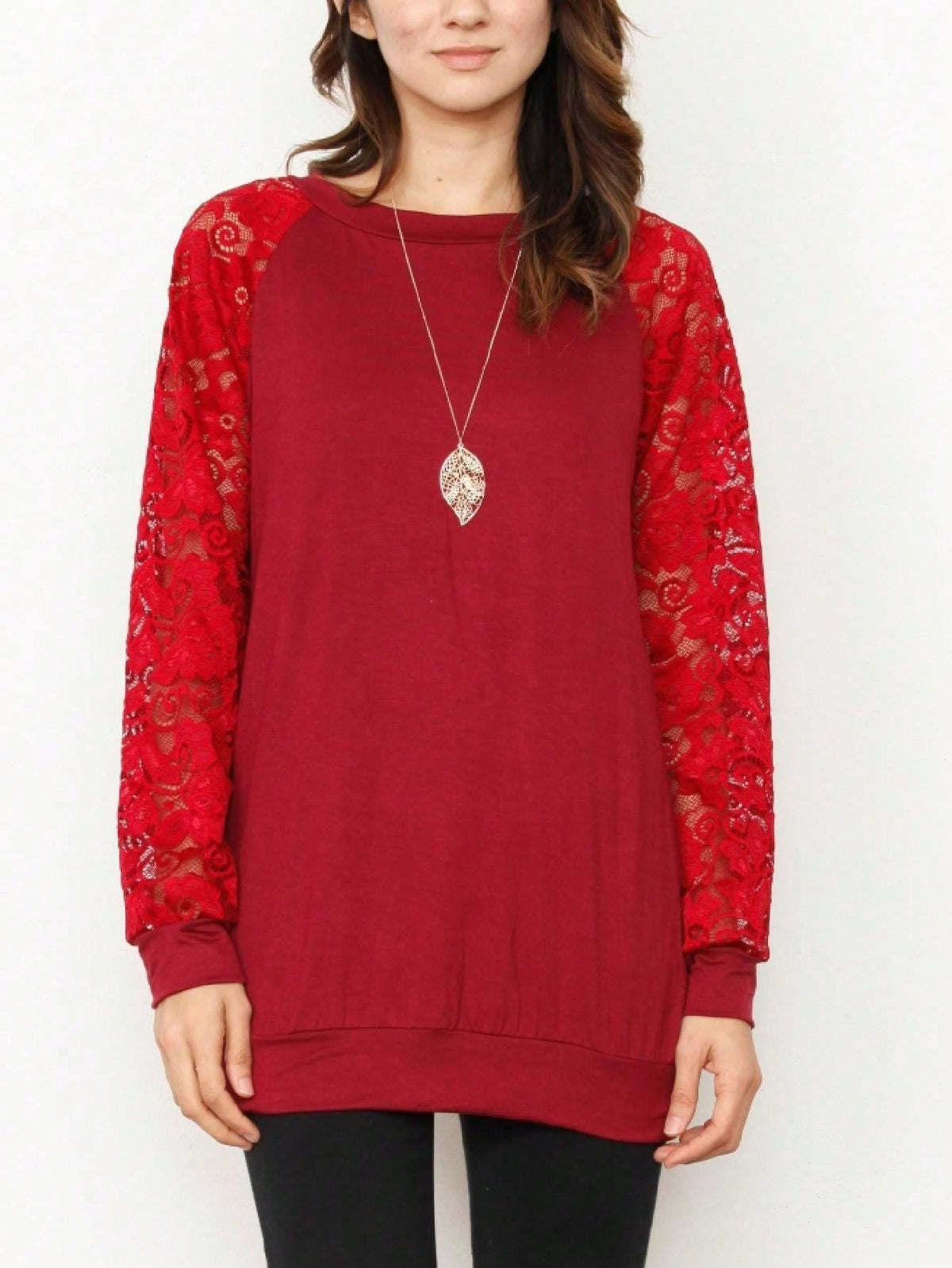 Gold Red Lace Hollow Eyelet Rayon Soft Long  Sleeve Raglan Tunic Top Band Hem Shirt