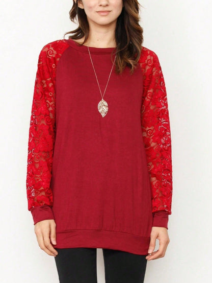 Gold Red Lace Hollow Eyelet Rayon Soft Long  Sleeve Raglan Tunic Top Band Hem Shirt